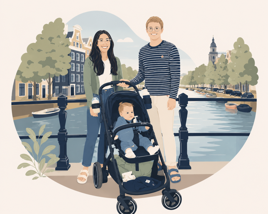 A couple with a baby in a stroller standing beside a canal lined with trees and boats in a city setting.