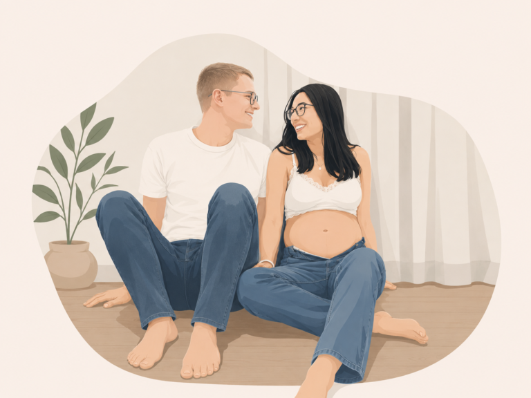 Pregnant woman and partner sit on the floor at home, smiling at each other with a plant nearby.