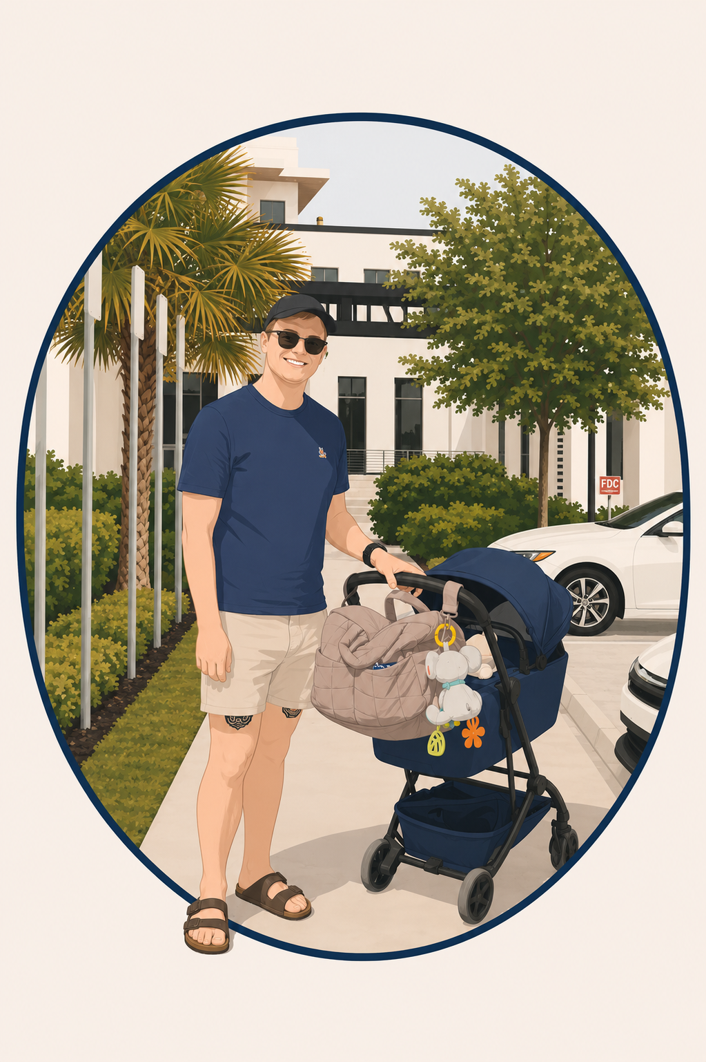 Man in a blue t‑shirt and shorts pushing a baby stroller with toys hanging from the carriage outside a modern building in daylight.