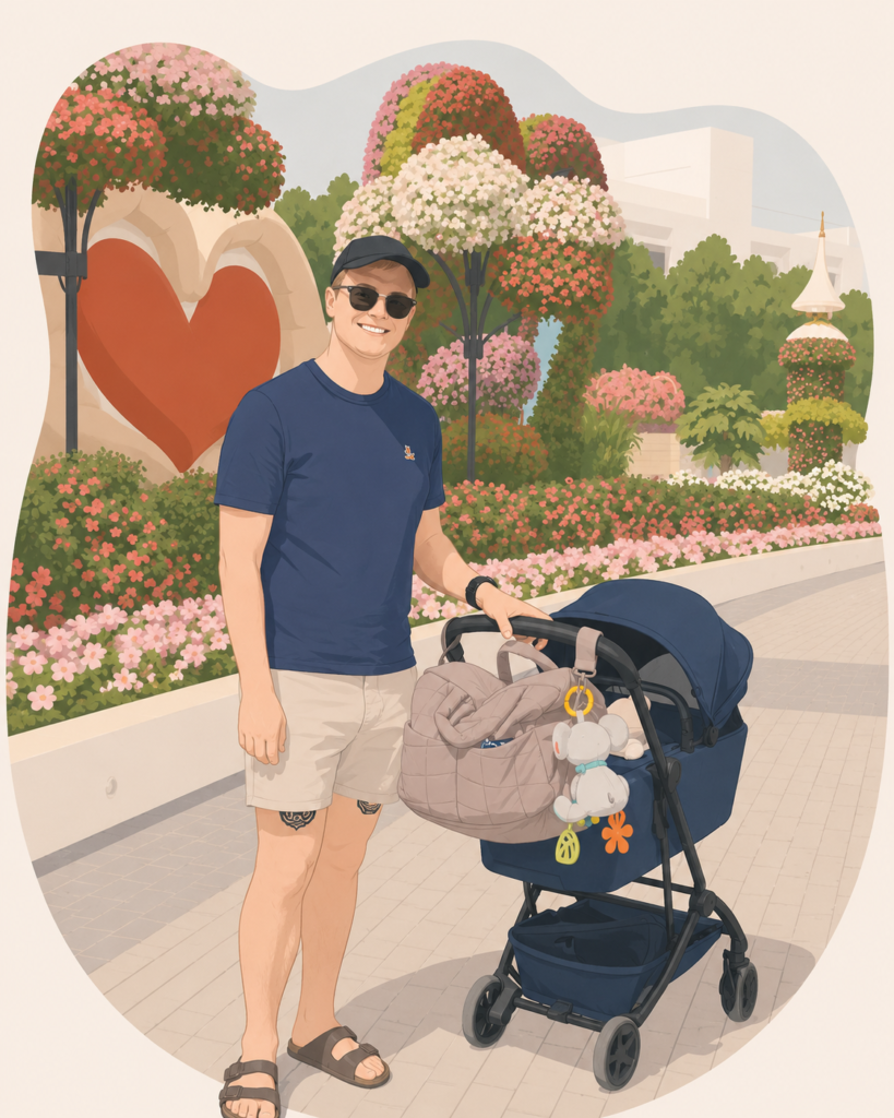 Man in a blue shirt and shorts pushes a baby stroller through a sunny, flower-filled park.