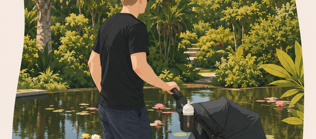 Man in a black shirt and cap pushes a baby stroller along a sunny park path beside a lily-filled pond in a tropical garden.