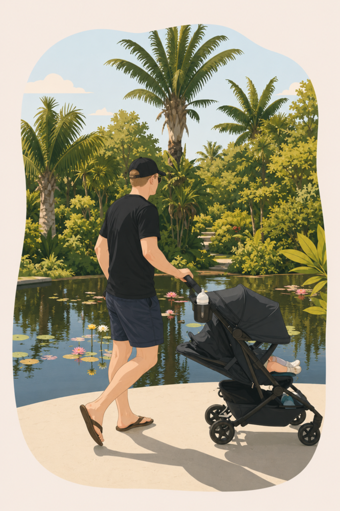 Man in a black shirt and cap pushes a baby stroller along a sunny park path beside a lily-filled pond in a tropical garden.