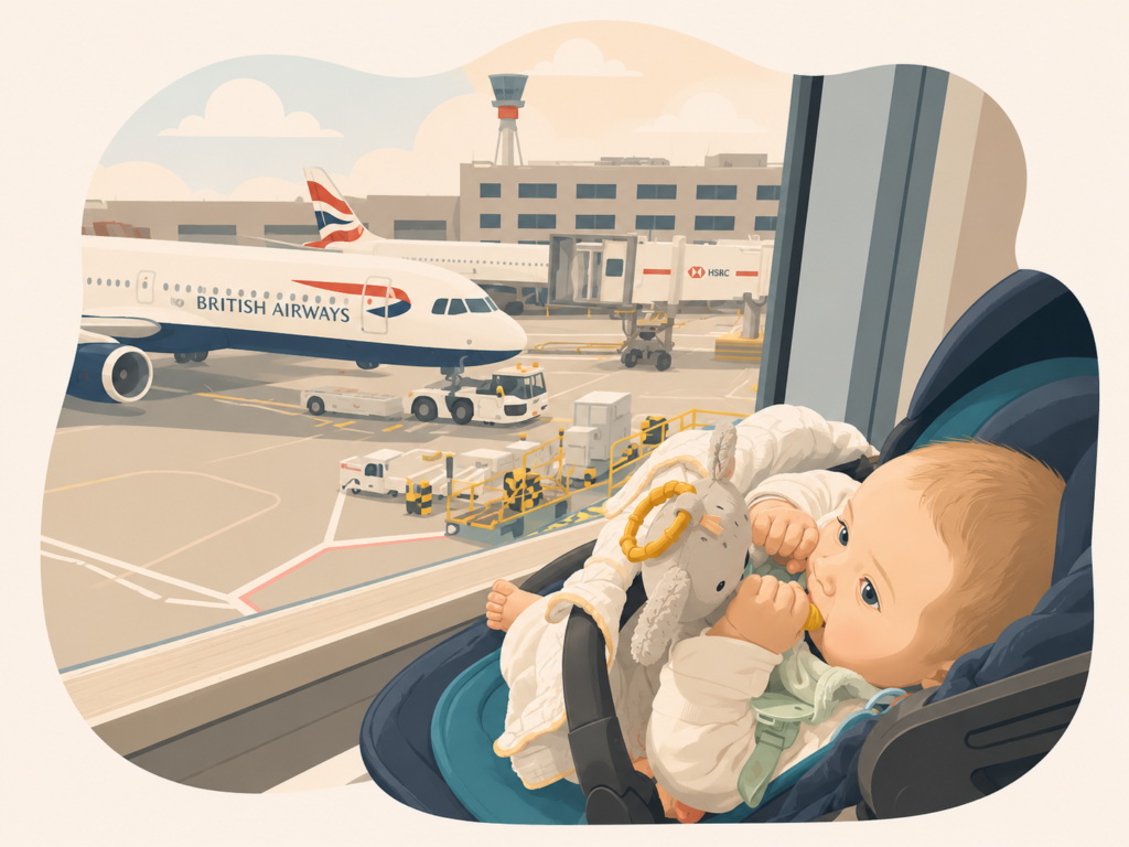 Baby in a stroller cuddling a plush toy, looking out at a British Airways jet at the gate window.