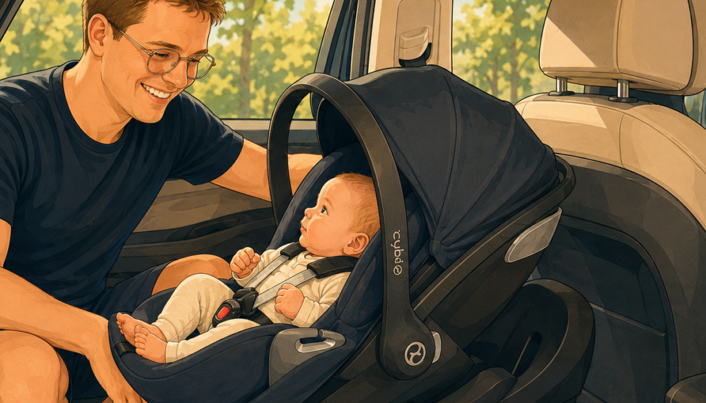 Man smiles at baby in an infant car seat installed in a car, preparing for a drive inside the backseat.