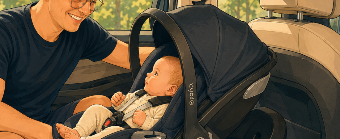 Man smiles at baby in an infant car seat installed in a car, preparing for a drive inside the backseat.