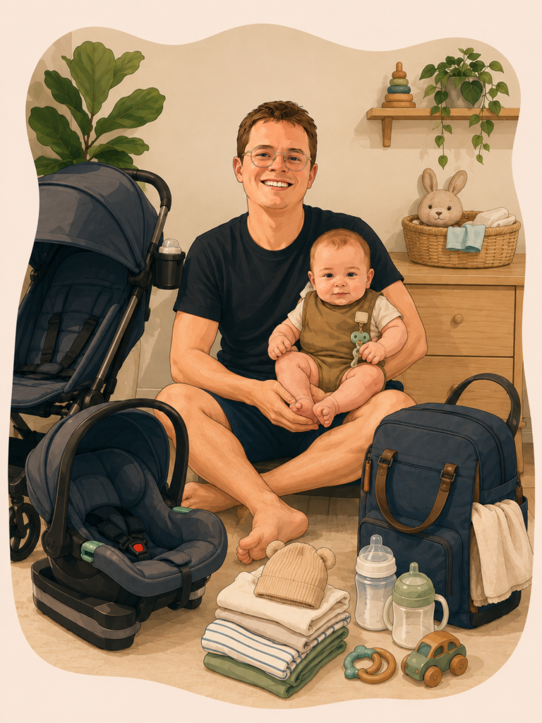 Father sits cross‑legged on the floor, smiling, holding a baby surrounded by stroller, car seat, and bags of baby gear in a cozy room.