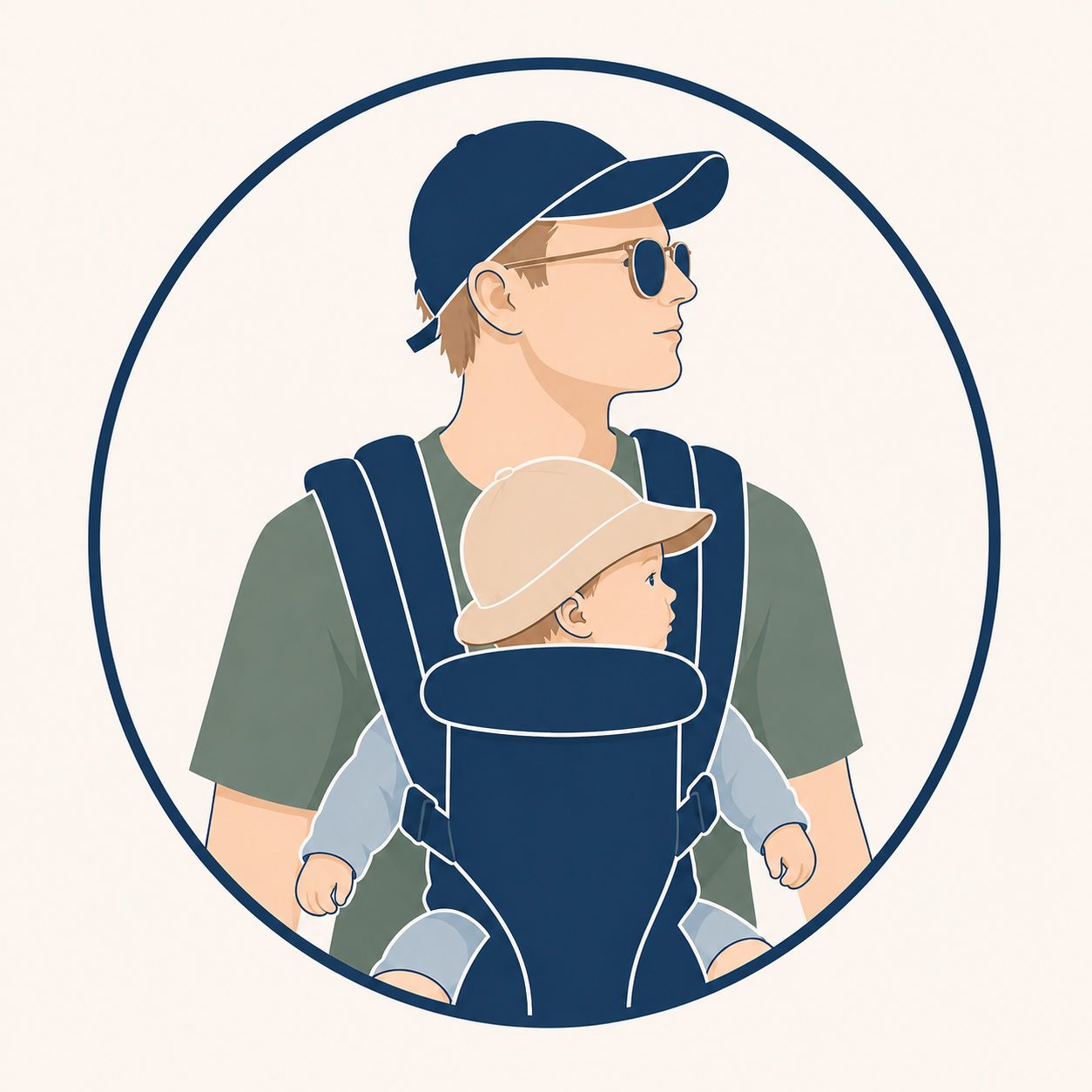 Man wearing a navy cap and sunglasses carries a baby in a front-facing baby carrier inside an oval frame.