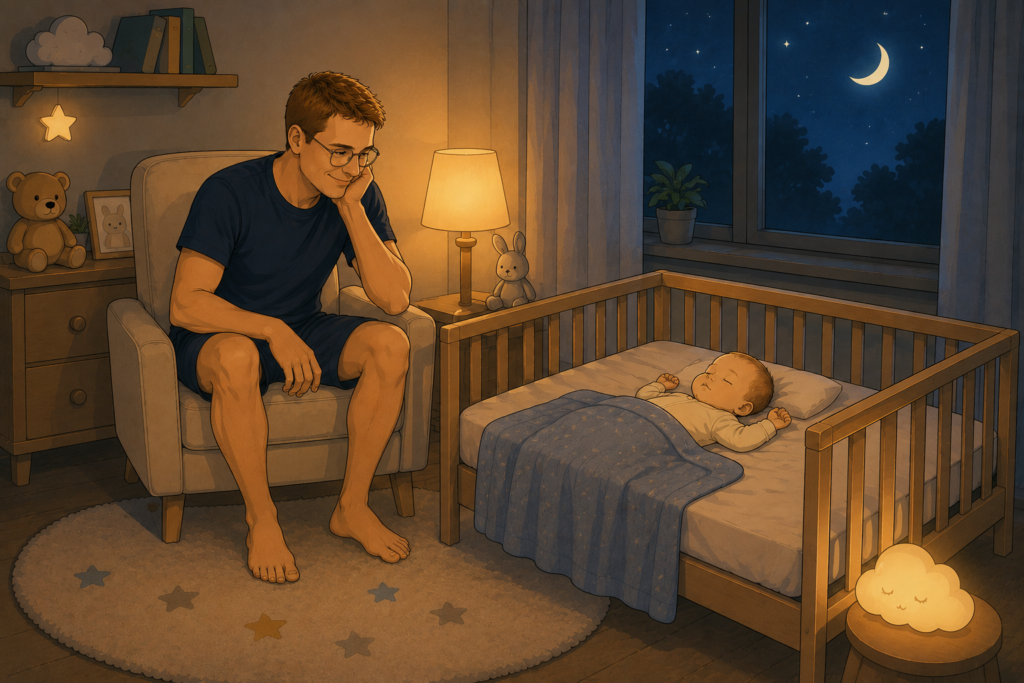 Papa avec son bébé pendant le coucher et le sommeil de bébé